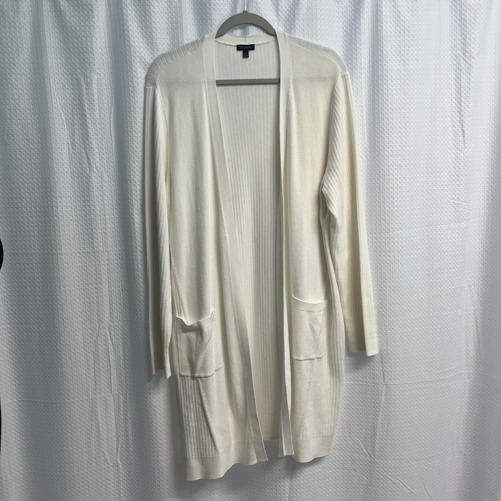 Talbots Womens XL Ivory Ribbed Knit 100% Pima Cotton Open Front Cardigan Duster